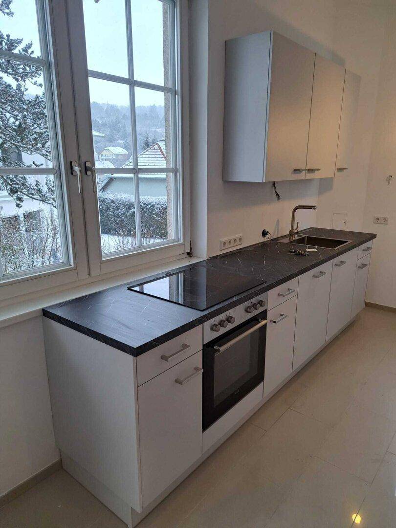 Moderne Einbauküche mit weißen Schränken, dunkler Arbeitsplatte und Blick ins Grüne.