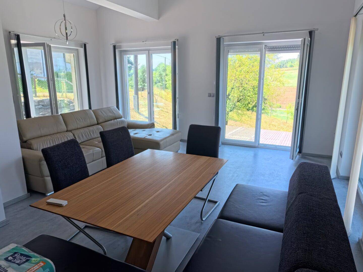 Heller Wohn-Essbereich mit beigem Sofa, Esstisch und Zugang zur Terrasse mit Landschaftsblick.