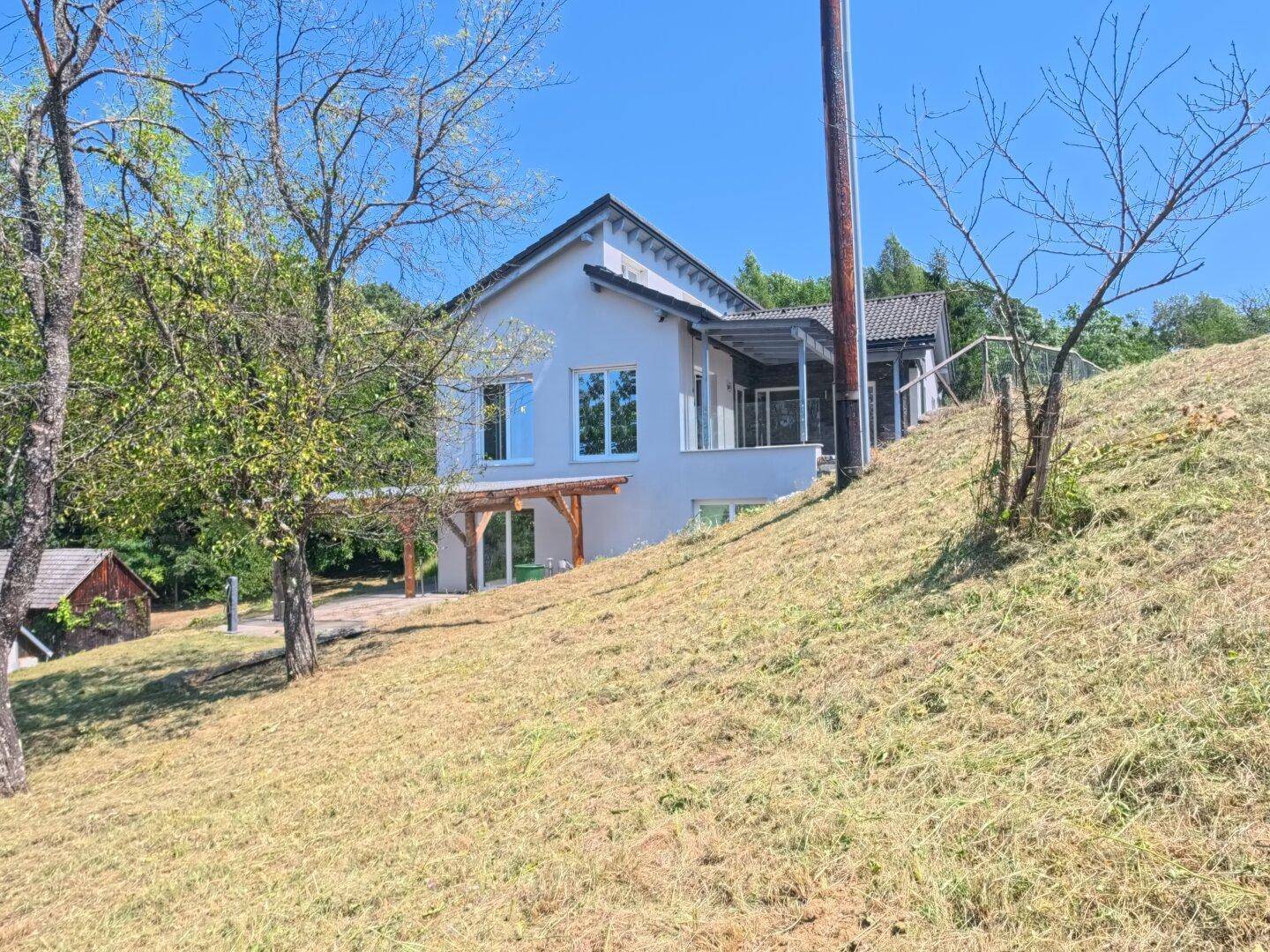 Haus in Hanglage mit moderner Architektur, umgeben von grüner Natur und Bäumen.