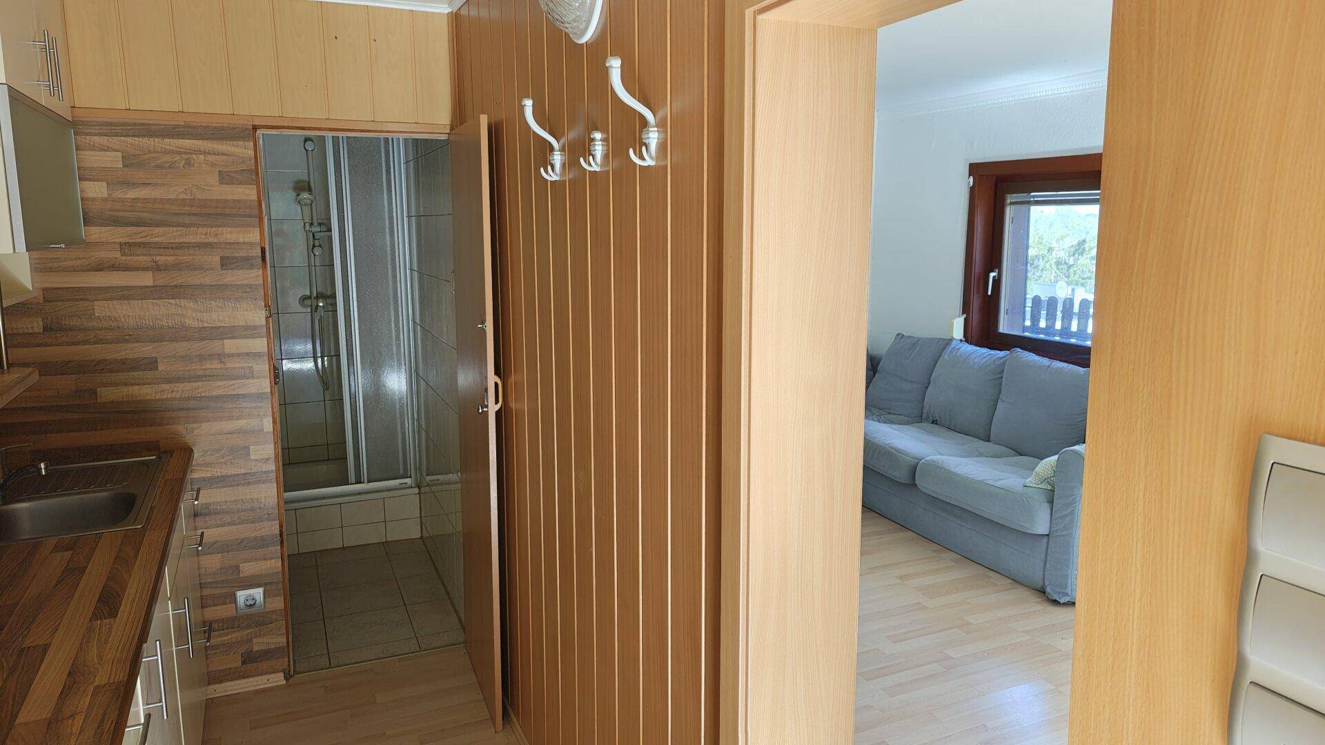 Innenbereich mit kleiner Küchenzeile, Garderobe und Zugang zu Wohnzimmer und Badezimmer.