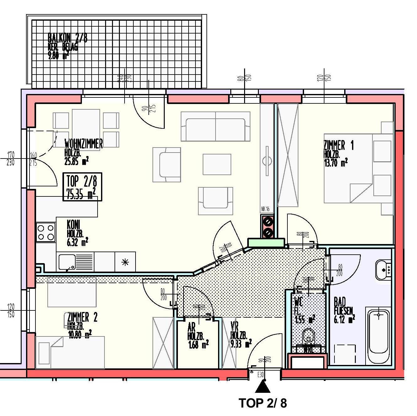 Grundriss einer modernen Wohnung mit zwei Zimmern, offenem Wohnbereich und Balkon.