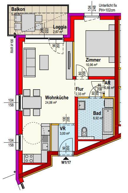 Grundriss einer Wohnung mit offener Wohnküche, einem Schlafzimmer, Bad, Balkon und Loggia.