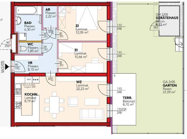 Grundriss einer Erdgeschosswohnung mit offenem Wohnbereich, Terrasse, Garten und Geräteschuppen.