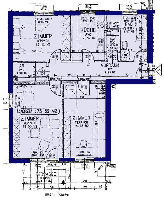 Dieser Grundriss zeigt eine Wohnung mit drei Zimmern, einer Küche, einem Bad, einem Vorraum, einer Terrasse und einem Garten.