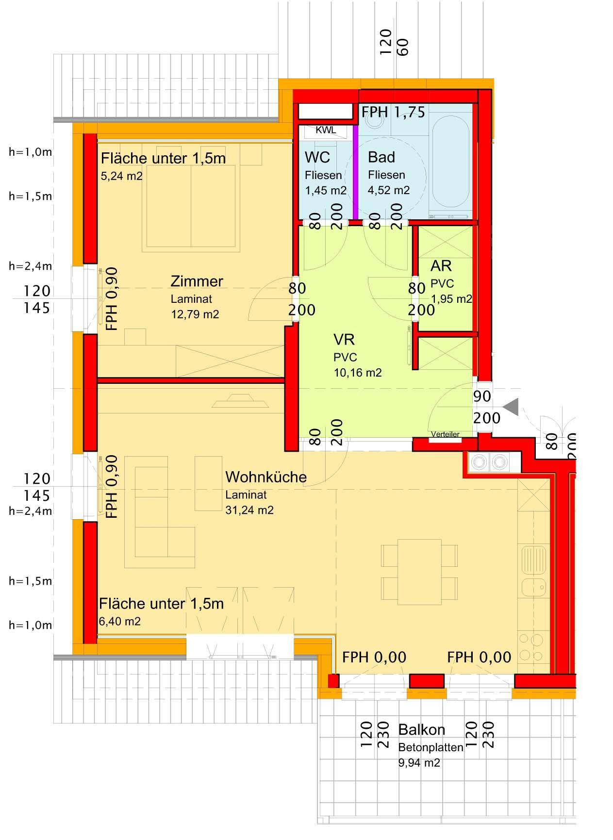 Grundriss einer Wohnung mit offener Wohnküche, Schlafzimmer, Bad, separatem WC und Balkon.