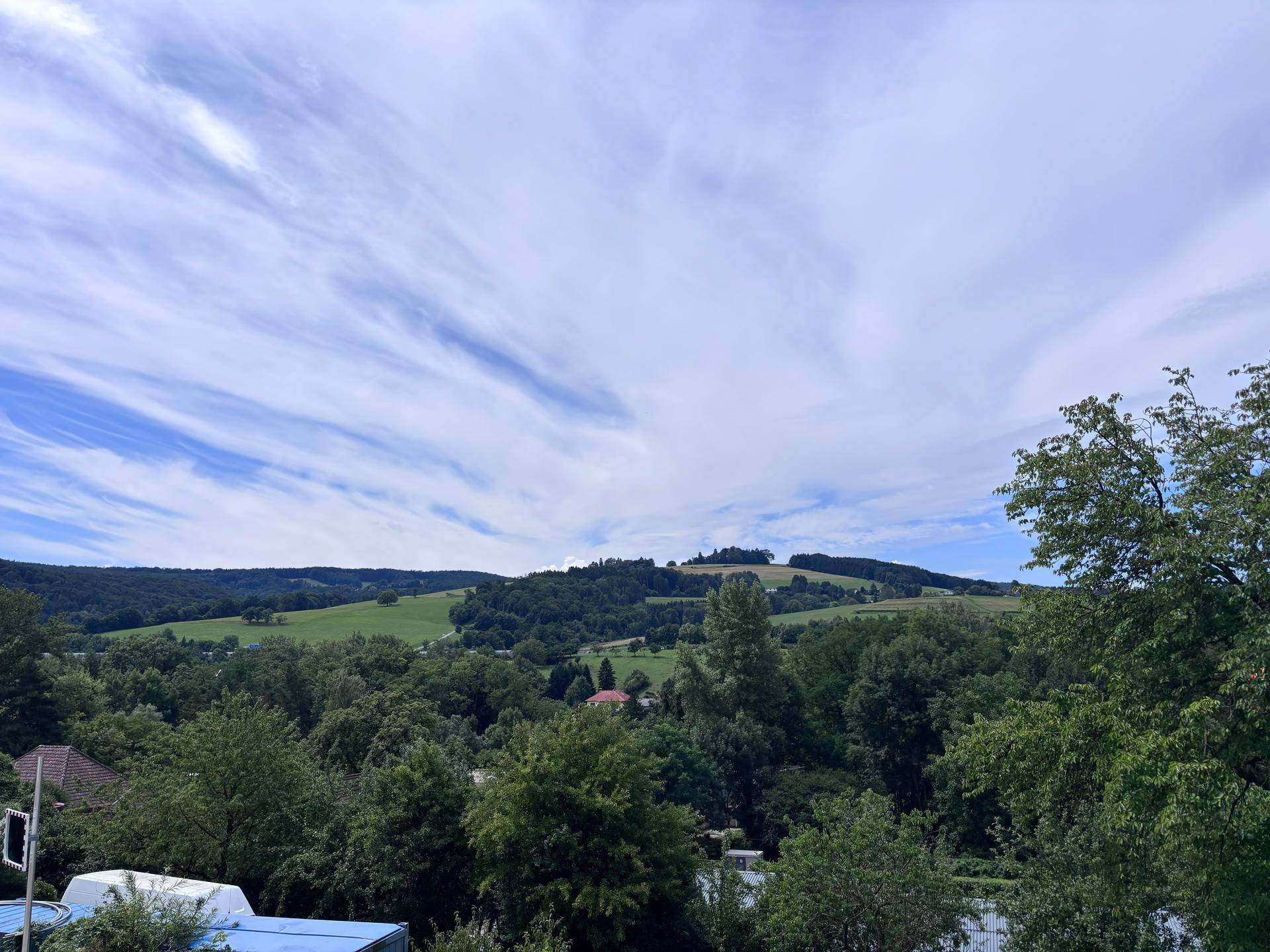 Weitläufiger Blick über grüne Hügel und Wälder unter einem bewölkten Himmel, der eine ruhige Landschaft zeigt.
