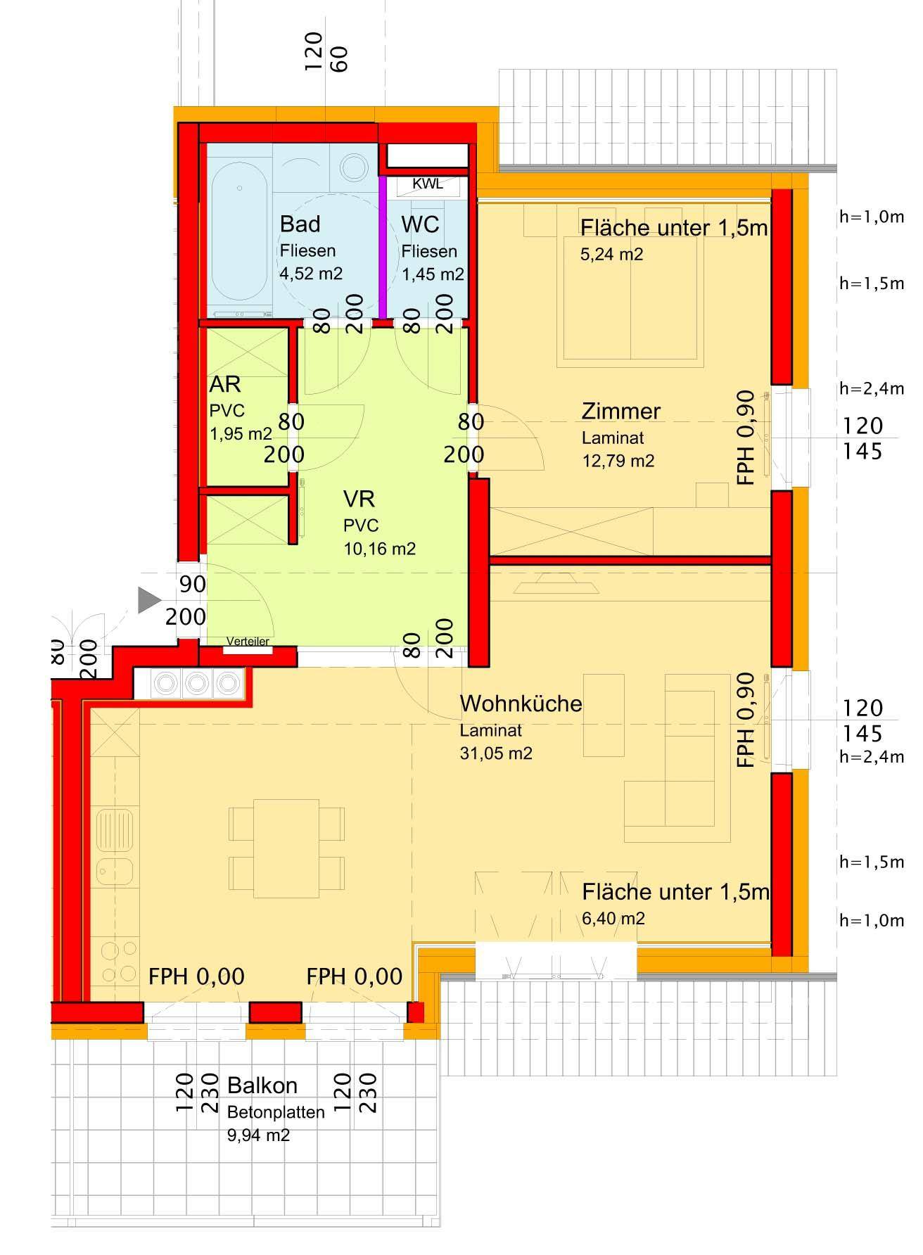 Grundriss einer Wohnung mit offener Wohnküche, Schlafzimmer, Bad, separatem WC und Balkon. Dachschrägen sind in einigen Bereichen vorhanden.