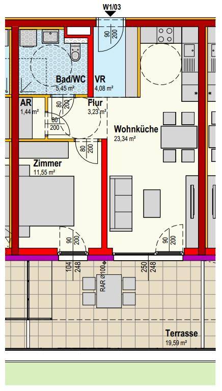 Grundriss einer Wohnung mit offener Wohnküche, einem Zimmer, Bad/WC und einer großen Terrasse.