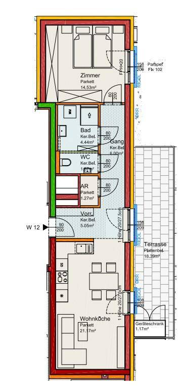 Wohnungsgrundriss mit offener Wohnküche, einem Schlafzimmer, Bad, separatem WC und großer Terrasse.