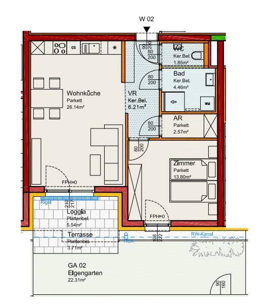 Grundriss einer Wohnung mit offener Wohnküche, einem Schlafzimmer, Bad, separatem WC, Loggia, Terrasse und eigenem Garten.