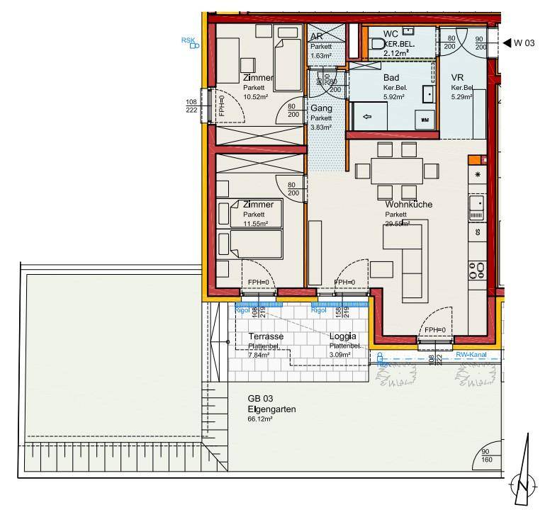 Grundriss einer Wohnung mit zwei Schlafzimmern, offener Wohnküche, Bad, separatem WC, Terrasse, Loggia und eigenem Garten.