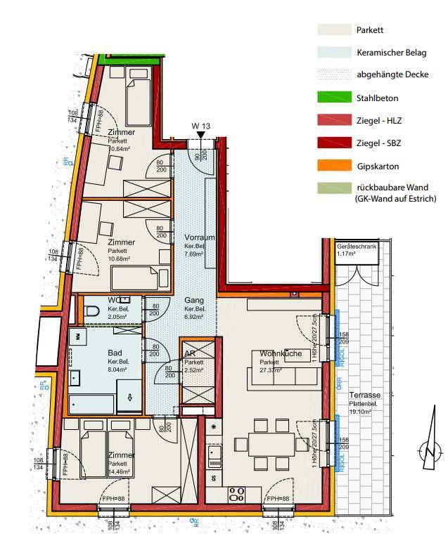 Detaillierter Grundriss einer Wohnung mit offener Wohnküche, drei Zimmern, Bad, separatem WC und großer Terrasse.