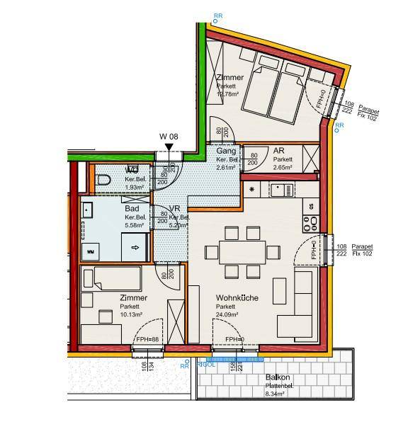 Grundriss einer Wohnung mit offener Wohnküche, zwei Zimmern, separatem WC und Balkon.