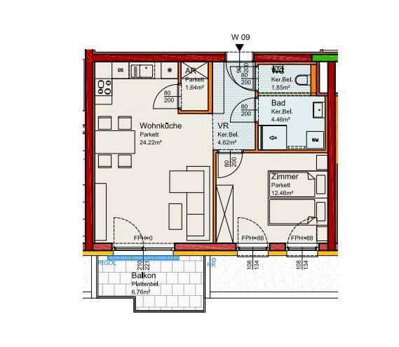 Grundriss einer modernen Wohnung mit offener Wohnküche, einem Schlafzimmer, separatem WC und Balkon.