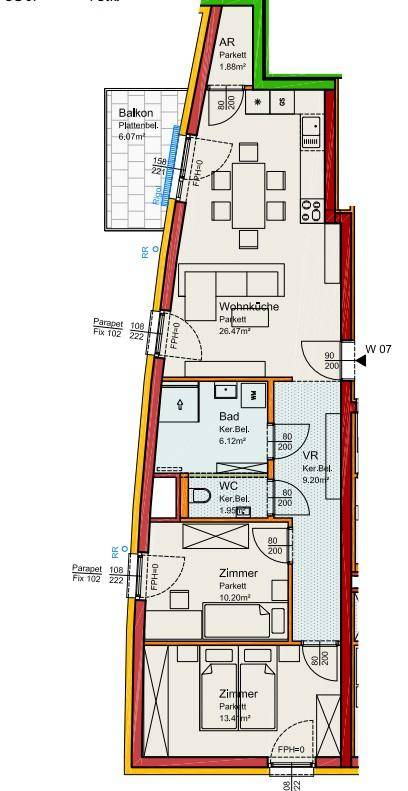 Grundriss einer Wohnung mit offenem Wohnküchenbereich, zwei Schlafzimmern, separatem WC, Bad mit Dusche und Balkon.