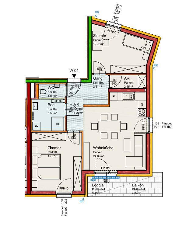 Grundriss einer Wohnung mit offener Wohnküche, zwei Schlafzimmern, Bad, separatem WC, Loggia und Balkon.