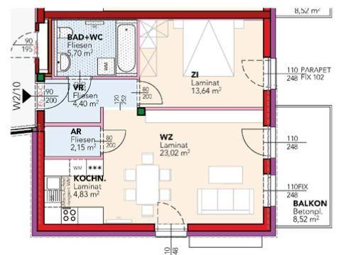 Grundriss einer kompakten Wohnung mit einem Schlafzimmer, offenem Wohn- und Essbereich, separater Küche und Balkon.