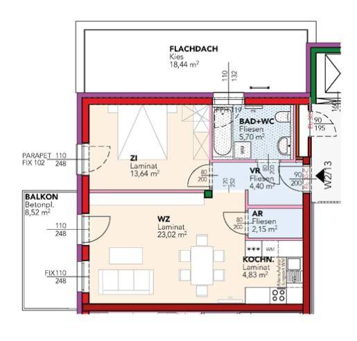 Grundriss einer Wohnung mit Schlafzimmer, Wohn-Essbereich, separater Küche, Bad und Balkon.