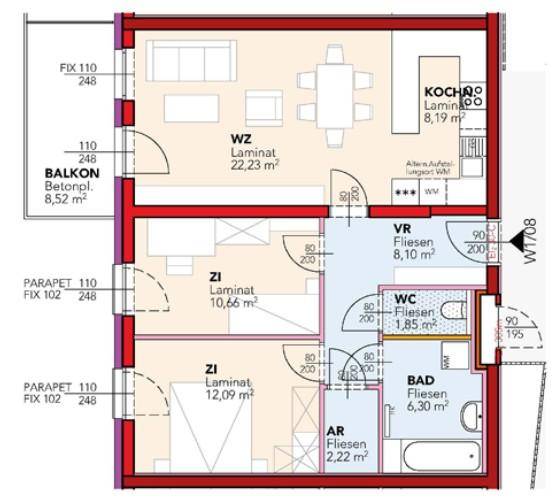 Dieser Grundriss zeigt eine Wohnung mit offenem Wohn-Essbereich, zwei Schlafzimmern, separater Küche und einem Balkon.