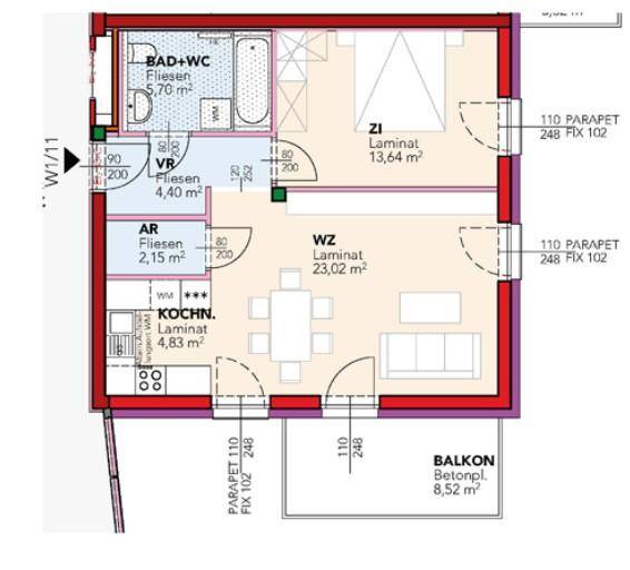 Grundriss einer modernen Wohnung mit offenem Wohnbereich, Schlafzimmer, Bad, Abstellraum und Balkon.