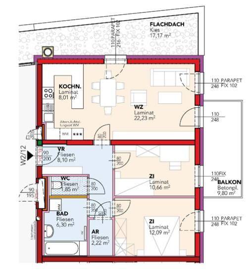 Grundriss einer Wohnung mit Küche, Wohnzimmer, zwei weiteren Zimmern, Bad, separatem WC und Balkon.
