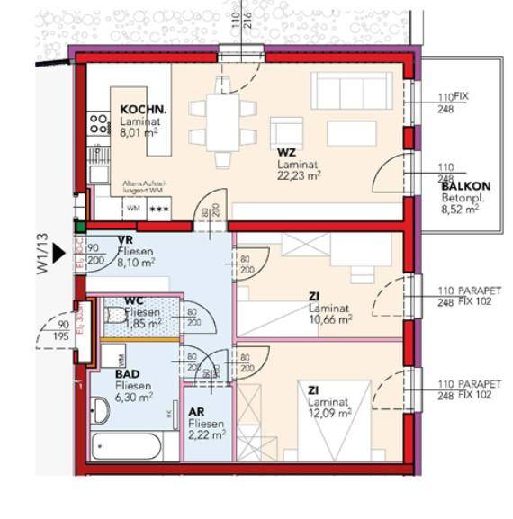 Grundriss einer Wohnung mit offenem Wohnbereich, zwei Schlafzimmern, Bad, separatem WC und Balkon.