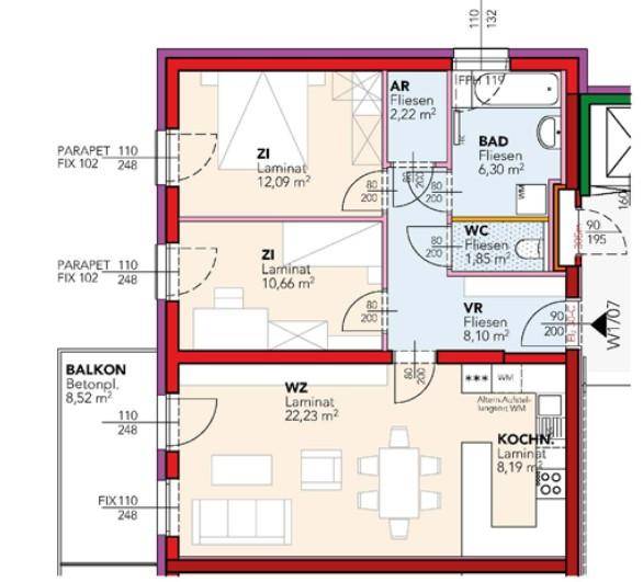 Detaillierter Grundriss einer Wohnung mit drei Zimmern, separater Küche, Bad, WC und Balkon.