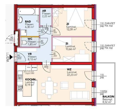 Grundriss einer Wohnung mit Bad, separatem WC, zwei Zimmern, Wohnzimmer, Küche und Balkon.