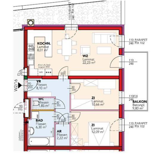Grundriss einer Wohnung mit offenem Wohnbereich, zwei Schlafzimmern, Bad, separatem WC und Balkon.