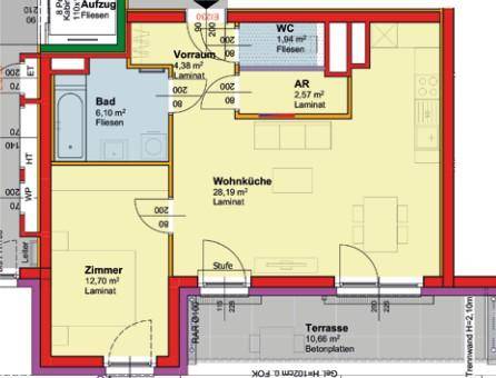 Grundriss einer Erdgeschosswohnung mit offener Wohnküche, einem Schlafzimmer, Bad, separatem WC und großer Terrasse.