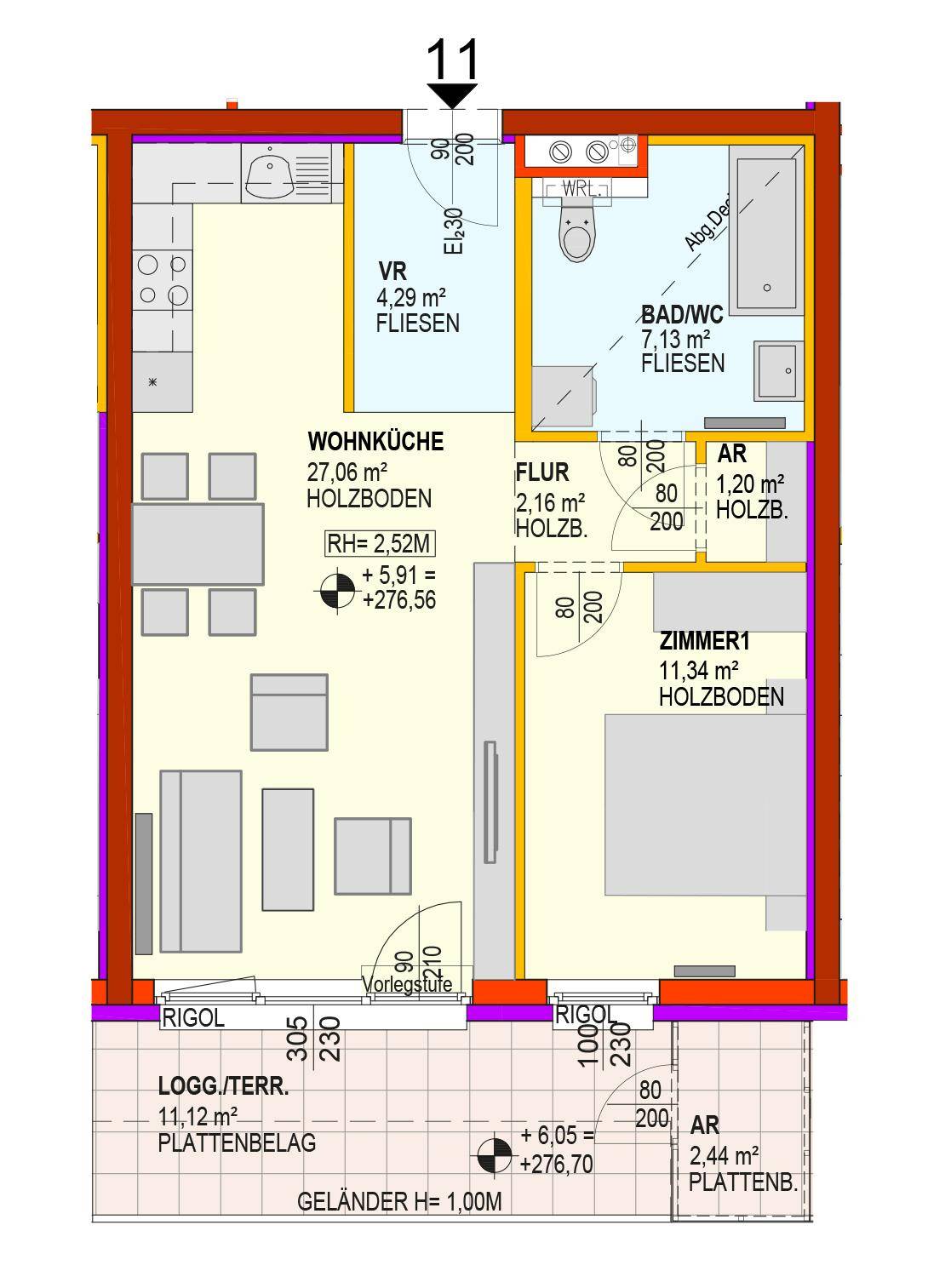 Grundriss einer Wohnung mit offener Wohnküche, einem Schlafzimmer, Bad und einer großzügigen Loggia/Terrasse.