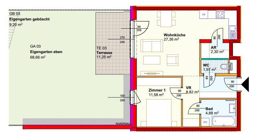 Grundriss einer Wohnung mit offener Wohnküche, einem Schlafzimmer, Bad, separatem WC, Terrasse und eigenem Garten.