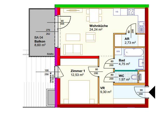 Grundriss einer Wohnung mit offener Wohnküche, einem Schlafzimmer, Bad, separatem WC und Balkon.