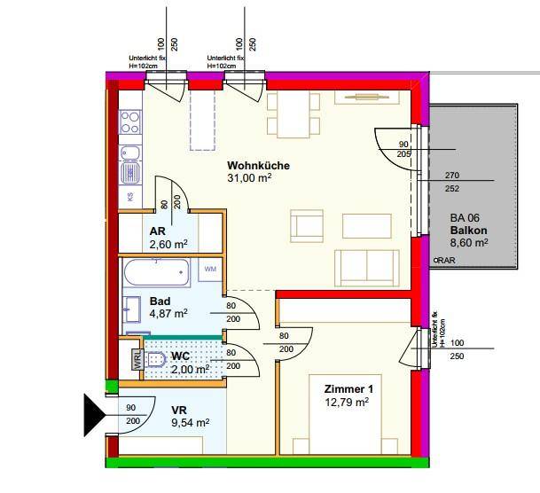 Dieser Grundriss zeigt eine Wohnung mit offener Wohnküche, einem Schlafzimmer, Bad, separatem WC und einem Balkon.