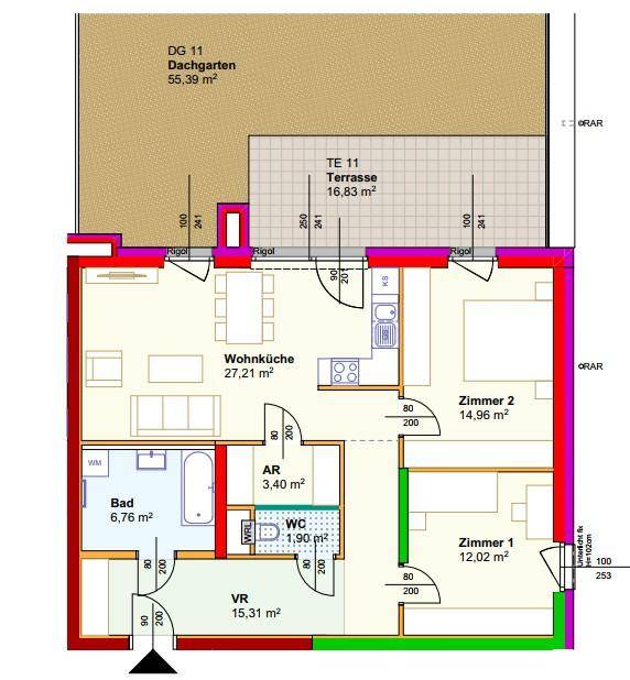 Grundriss einer Wohnung mit offener Wohnküche, zwei Schlafzimmern, Bad, separatem WC, Abstellraum, Terrasse und Dachgarten.