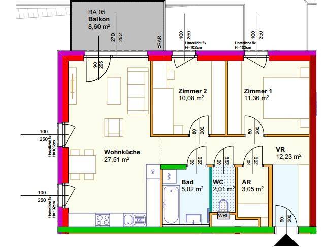 Grundriss einer Wohnung mit offener Wohnküche, zwei Schlafzimmern, Bad, separatem WC und einem Balkon.