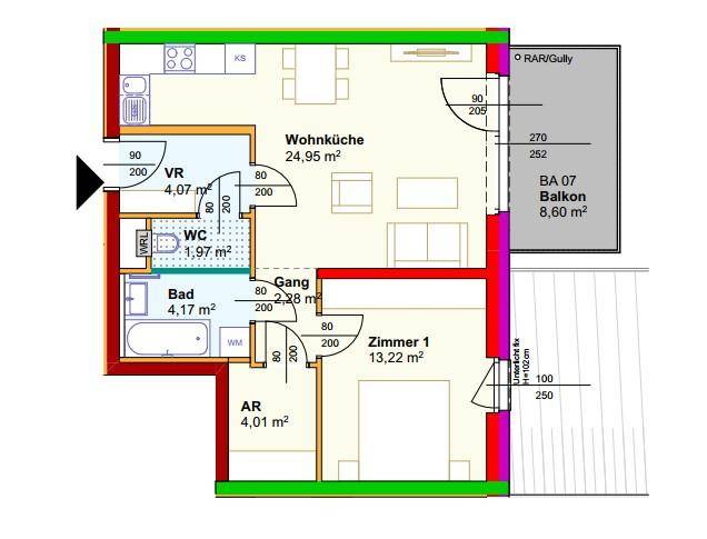 Grundriss einer Wohnung mit offener Wohnküche, einem Schlafzimmer, Bad, separatem WC und Balkon.