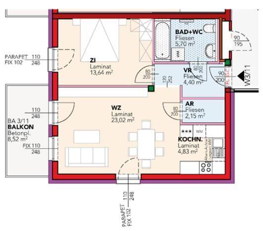 Grundriss einer Wohnung mit einem Schlafzimmer, offenem Wohn-Essbereich, kleiner Küche und Balkon.