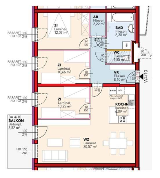 Grundriss einer Wohnung mit drei Zimmern, offenem Wohnbereich, separatem WC und Balkon.