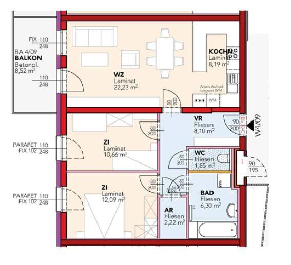 Grundriss einer Wohnung mit Wohn-Essbereich, separater Küche, zwei Zimmern, Bad, WC und Balkon.