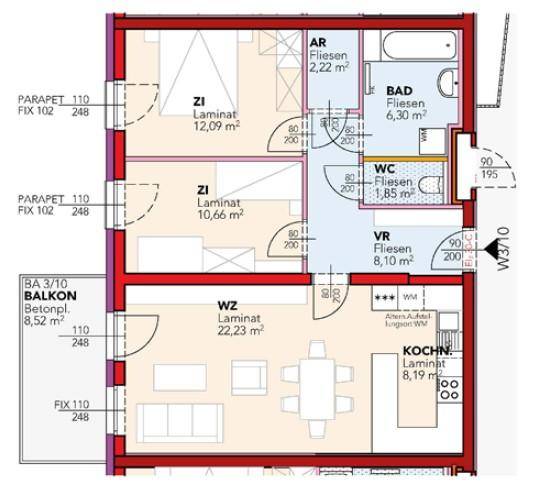 Grundriss einer Wohnung mit zwei Schlafzimmern, offenem Wohn-Essbereich, Küche, Bad, separatem WC und Balkon.