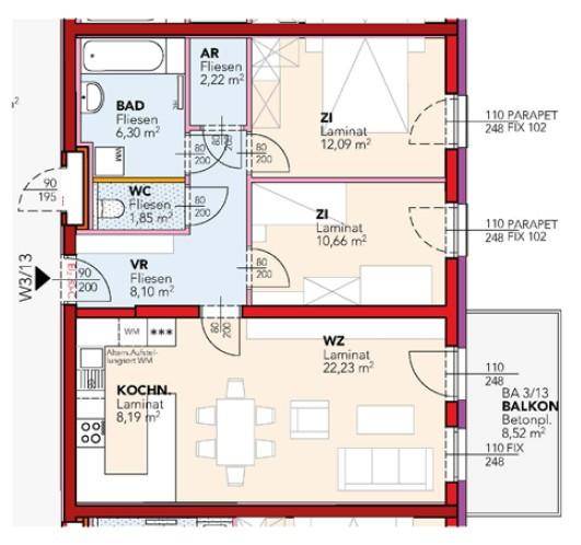 Grundriss einer Wohnung mit Bad, separatem WC, Küche, Wohnzimmer, zwei weiteren Zimmern und Balkon.