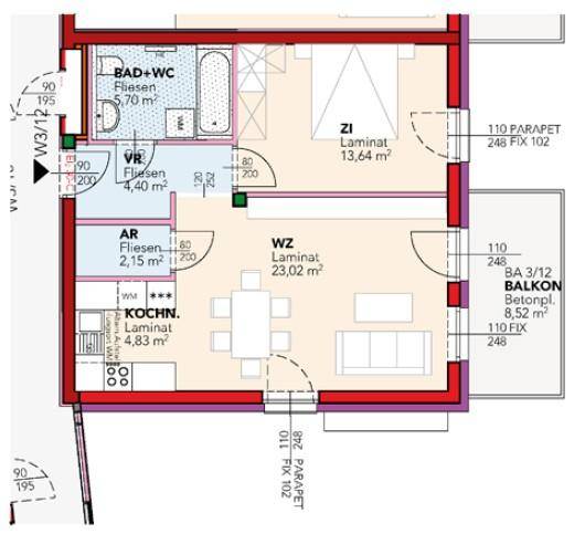 Grundriss einer Wohnung mit Wohnzimmer, Schlafzimmer, separater Küche, Bad und Balkon.