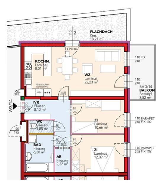 Grundriss einer Wohnung mit offenem Wohn- und Essbereich, zwei Schlafzimmern, Bad, separatem WC und Balkon.