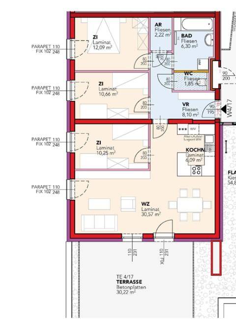 Detaillierter Grundriss einer Wohnung mit drei Schlafzimmern, offenem Wohn-Essbereich, separater Küche und großer Terrasse.