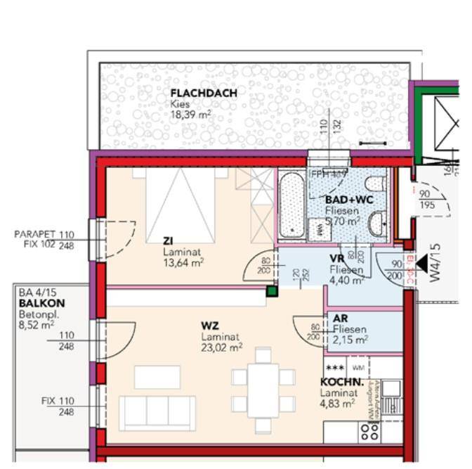 Grundriss einer Wohnung mit einem Schlafzimmer, offenem Wohnbereich, Balkon und separatem Abstellraum.