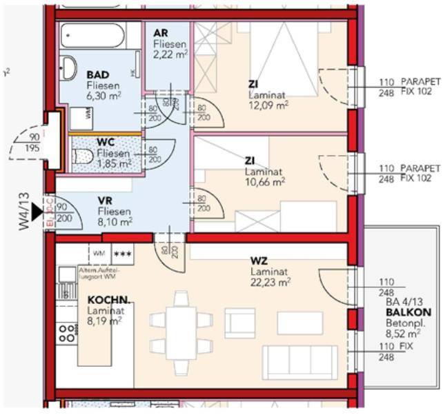 Grundriss einer Wohnung mit Balkon, separatem WC, Badewanne, Küche und zwei Schlafzimmern.