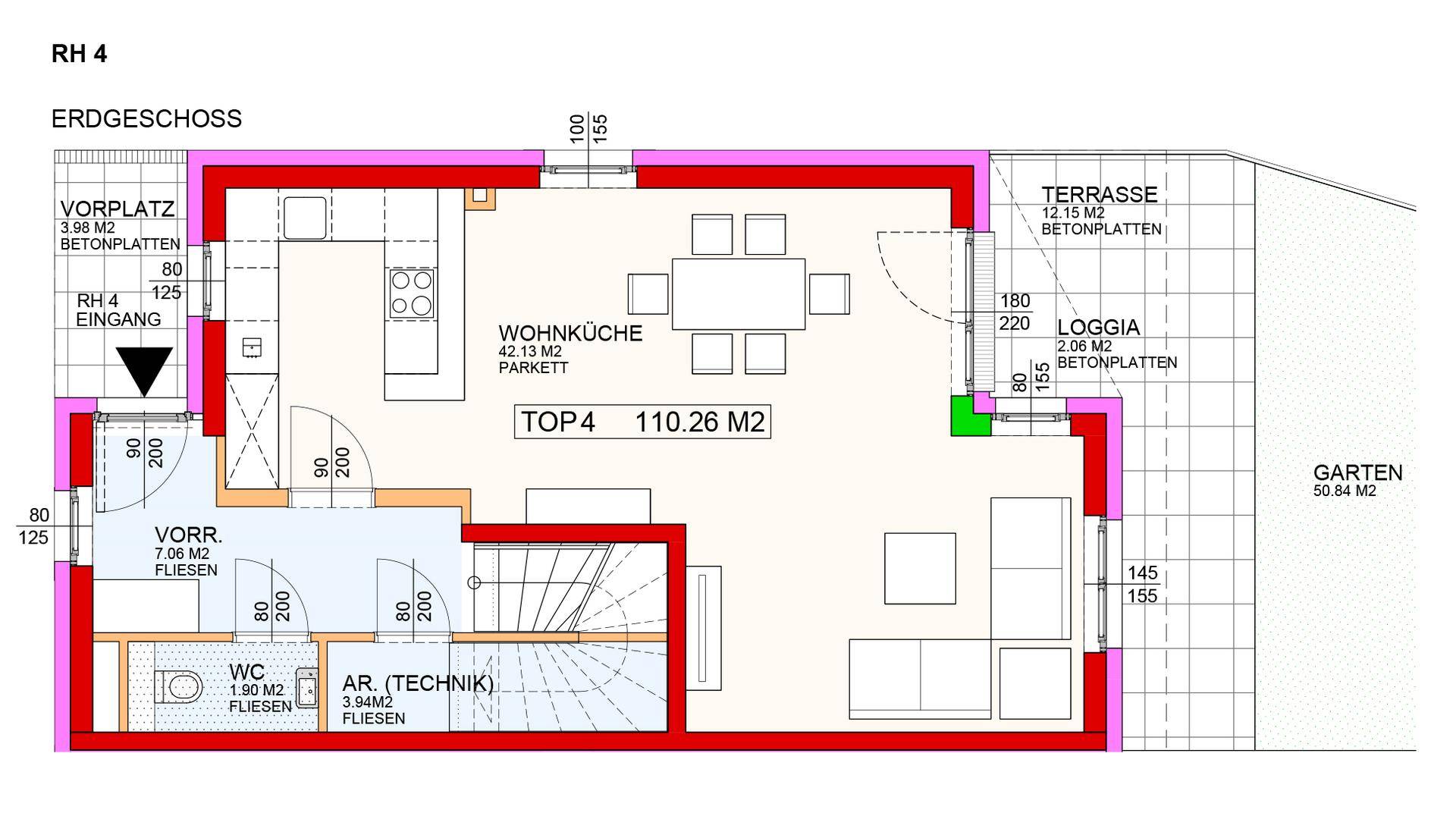 Grundriss des Erdgeschosses mit offener Wohnküche, Terrasse und Gartenbereich.