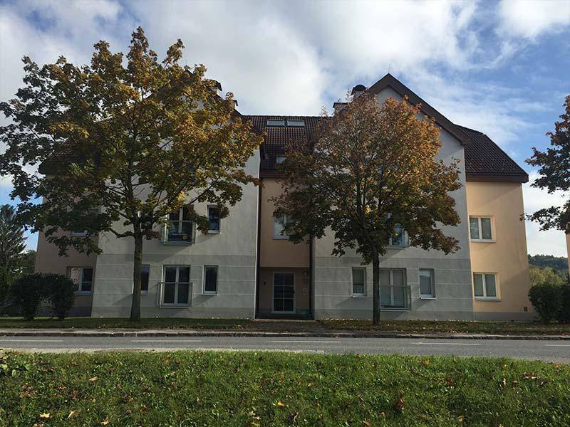 Vorderansicht des Mehrfamilienhauses mit Eingangsbereich und herbstlicher Bepflanzung unter blauem Himmel.