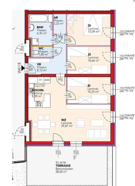 Grundriss einer Wohnung mit drei Schlafzimmern, einem Wohn-Essbereich, separater Küche und einer großen Terrasse.